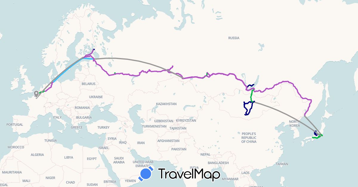 TravelMap itinerary: driving, bus, plane, train, boat in Belgium, Germany, Finland, France, Japan, Mongolia, Russia (Asia, Europe)